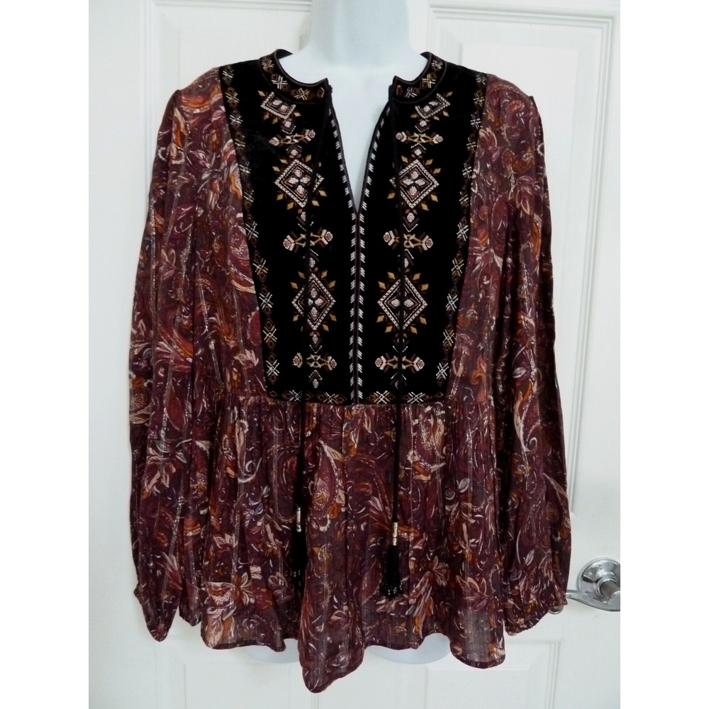 *NEW!! DANIEL RAINN Sz M 8/10 Boho Peasant Blouse Velvet Bodice Beaded Tassels*